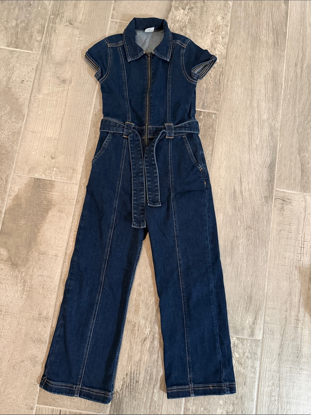 abercrombie kids Dark Blue Denim Short-Sleeve Jumpsuit with Belt